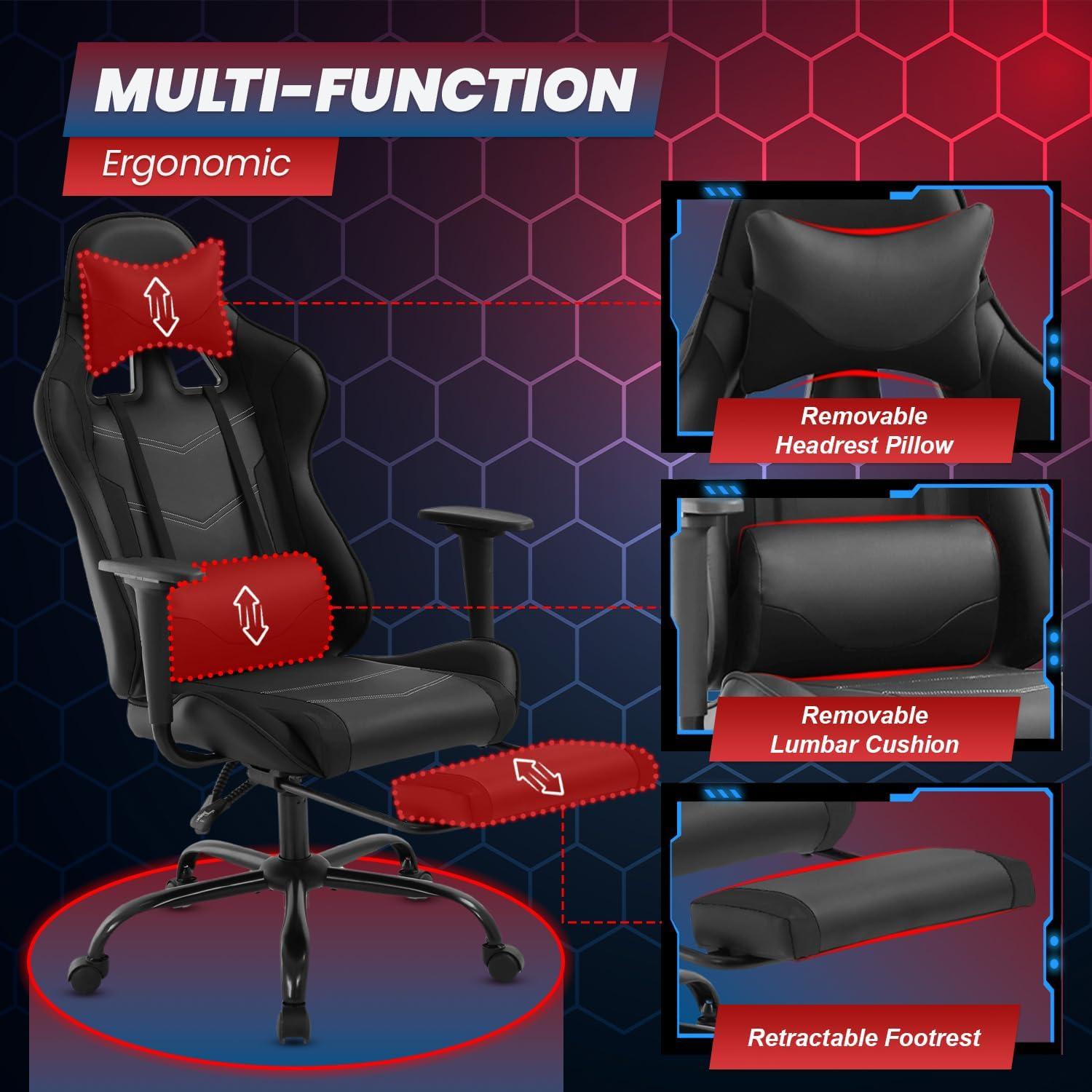 image:imageBestOffice Ergonomic Gaming Chair White Reclining Computer Chair with Lumbar Support Headrest Pillow Adjustable Footrests 360 Swivel with Heavy Duty Wheels for Home amp OfficeDark Black