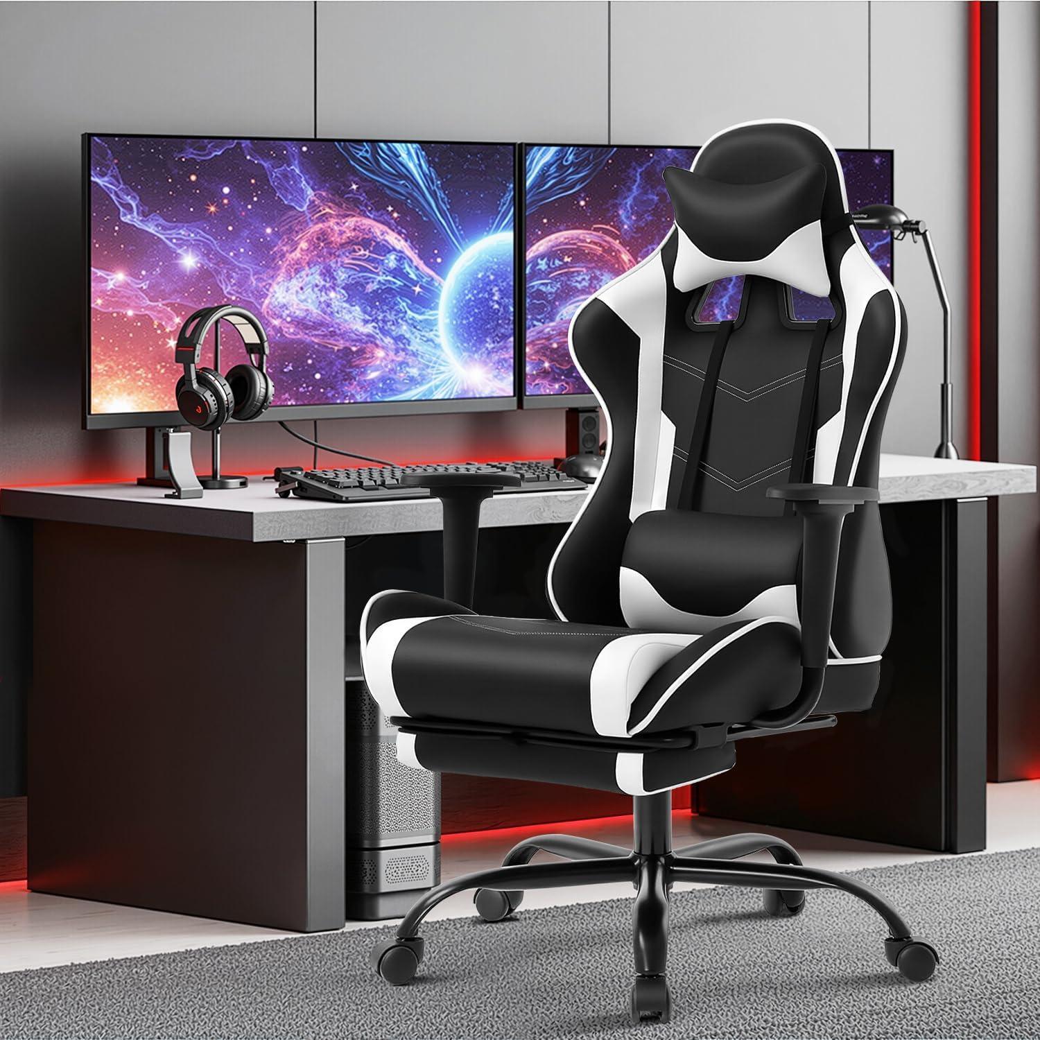 image:imageBestOffice Ergonomic Gaming Chair White Reclining Computer Chair with Lumbar Support Headrest Pillow Adjustable Footrests 360 Swivel with Heavy Duty Wheels for Home amp OfficeWhite