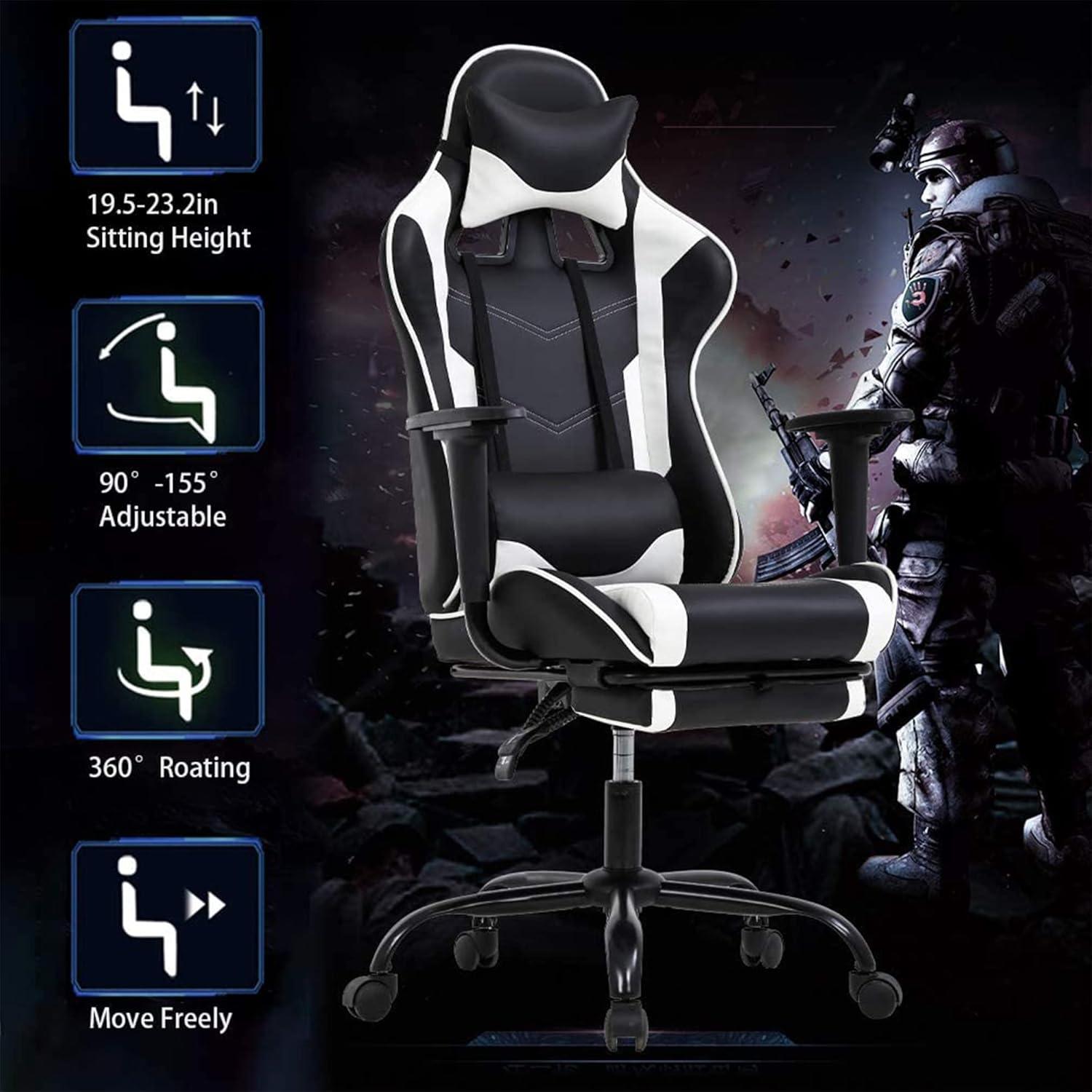 image:imageBestOffice Ergonomic Gaming Chair White Reclining Computer Chair with Lumbar Support Headrest Pillow Adjustable Footrests 360 Swivel with Heavy Duty Wheels for Home amp OfficeWhite