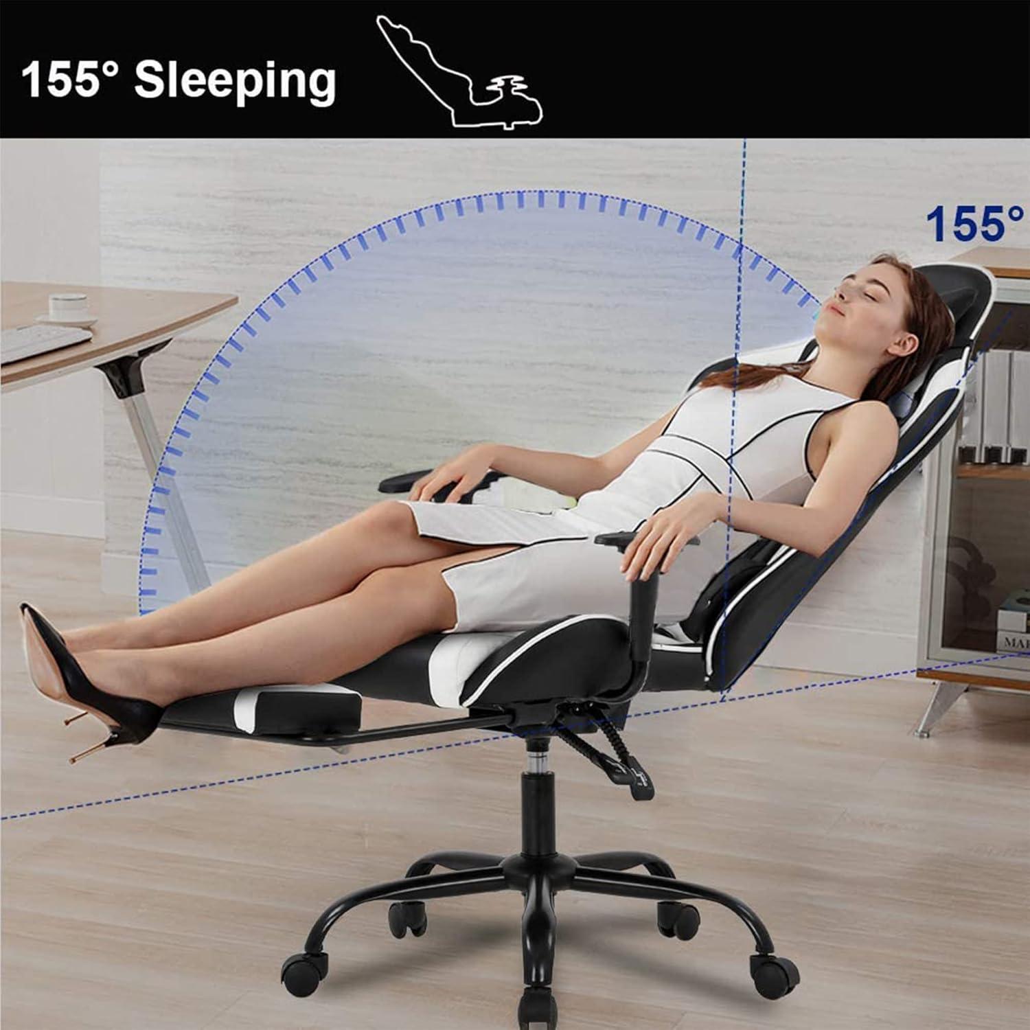image:imageBestOffice Ergonomic Gaming Chair White Reclining Computer Chair with Lumbar Support Headrest Pillow Adjustable Footrests 360 Swivel with Heavy Duty Wheels for Home amp OfficeWhite