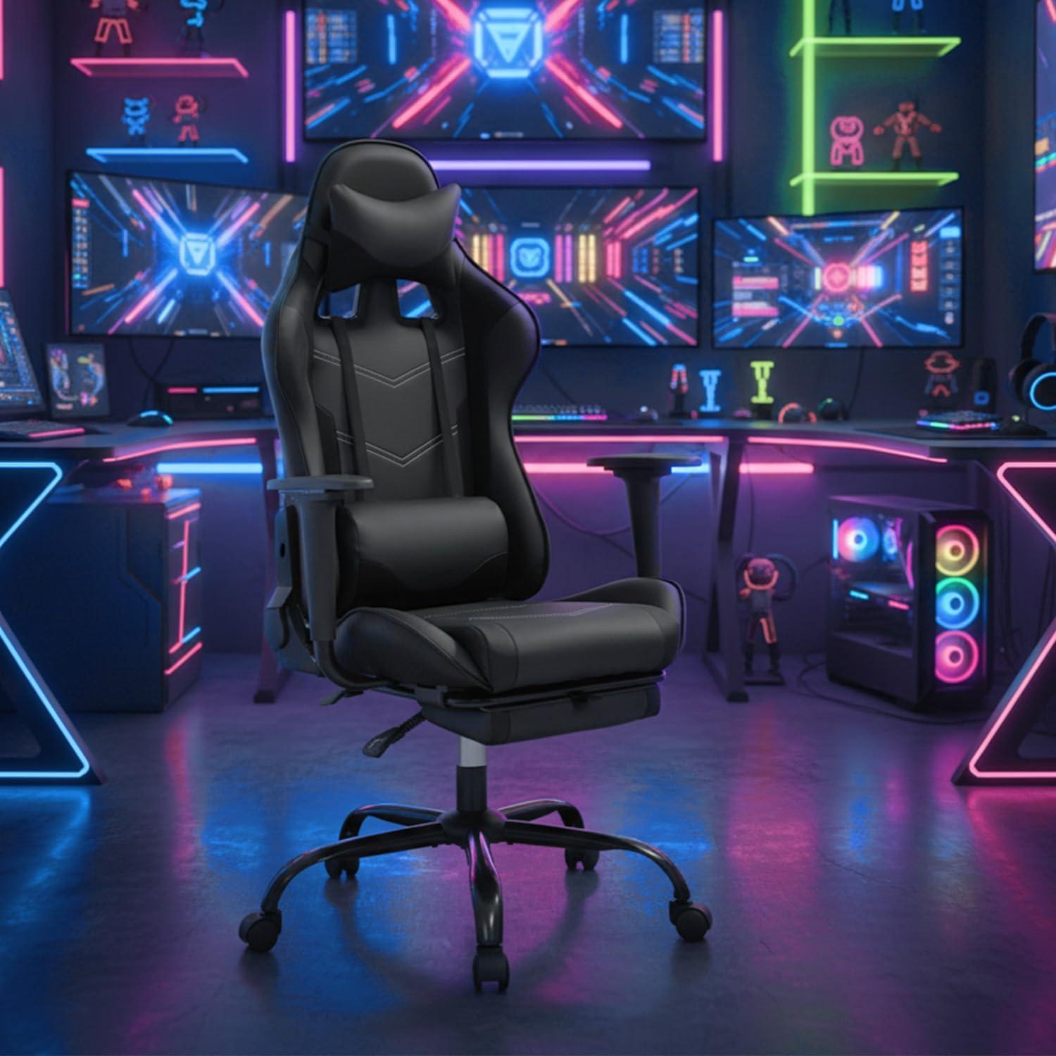image:imageBestOffice Ergonomic Gaming Chair White Reclining Computer Chair with Lumbar Support Headrest Pillow Adjustable Footrests 360 Swivel with Heavy Duty Wheels for Home amp OfficeDark Black