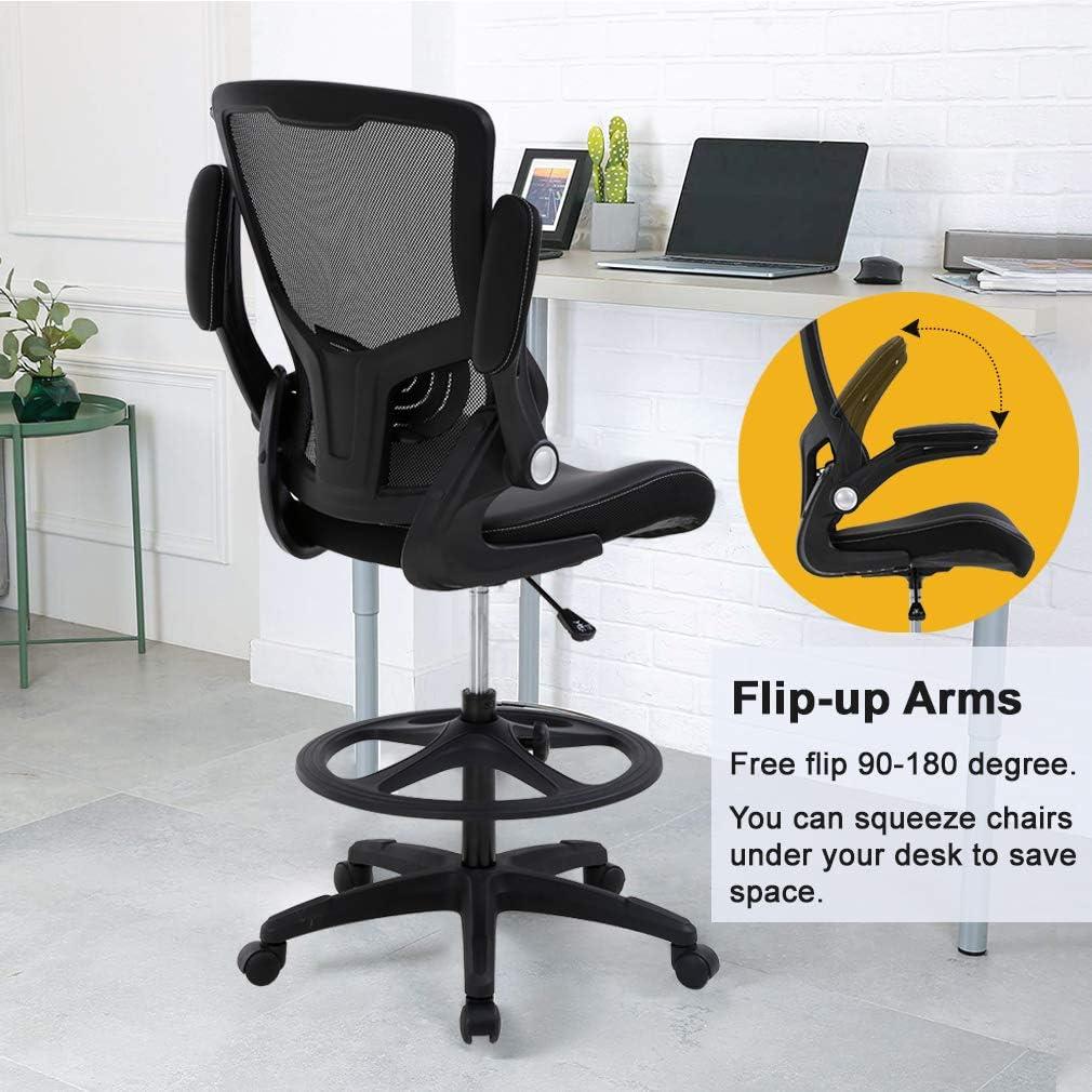 image:imageBestOffice Drafting Chair Ergonomic Tall Office Chair Standing Desk Chair with Flip Up Arms Foot Rest Back Support Adjustable Height Mesh Drafting Stool BlackBlack