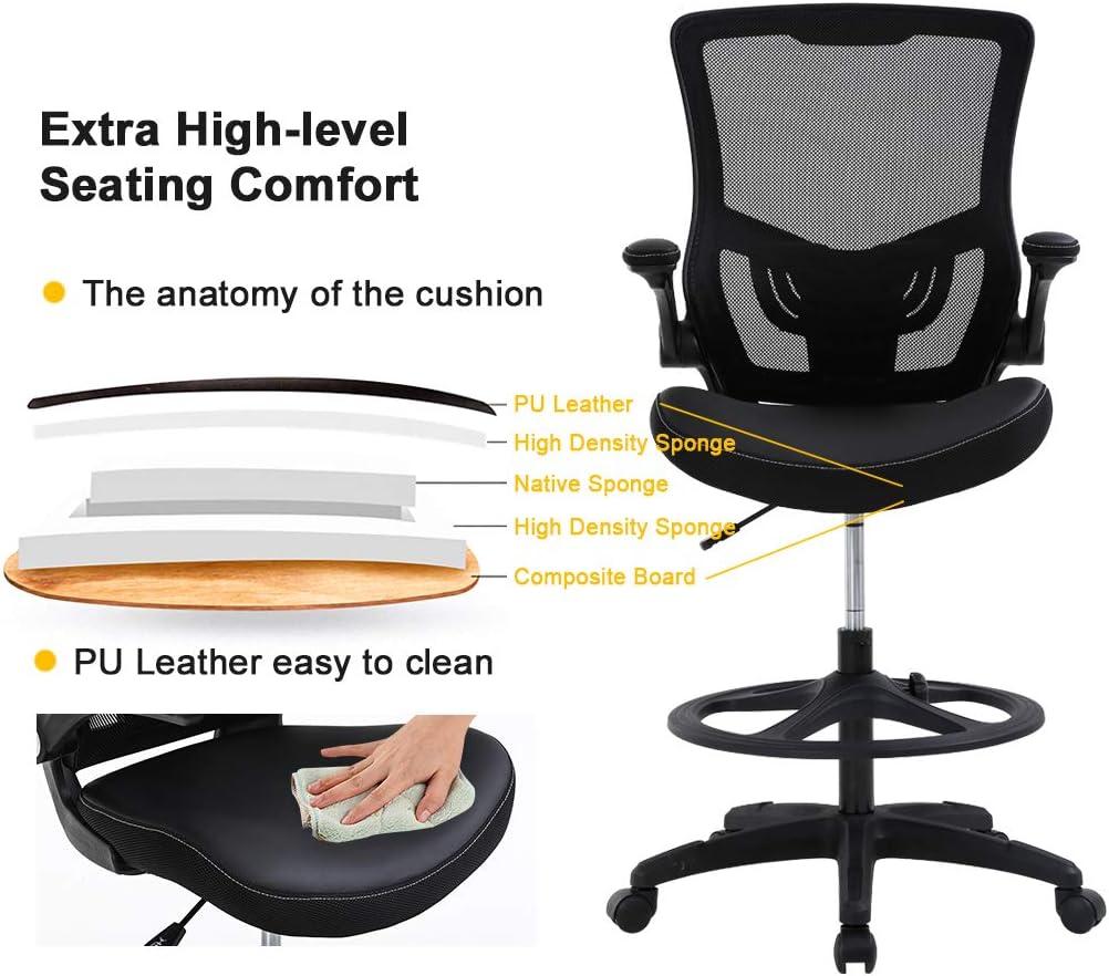 image:imageBestOffice Drafting Chair Ergonomic Tall Office Chair Standing Desk Chair with Flip Up Arms Foot Rest Back Support Adjustable Height Mesh Drafting Stool BlackBlack