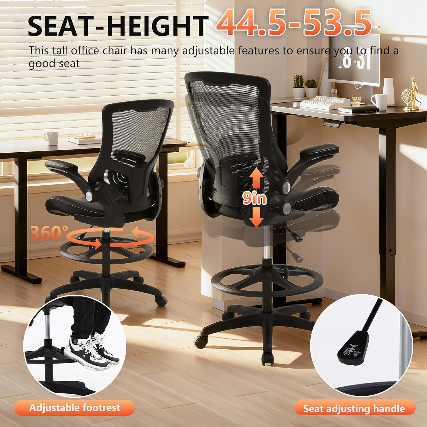 image:imageBestOffice Drafting Chair Ergonomic Tall Office Chair Standing Desk Chair with Flip Up Arms Foot Rest Back Support Adjustable Height Mesh Drafting Stool BlackDark Black