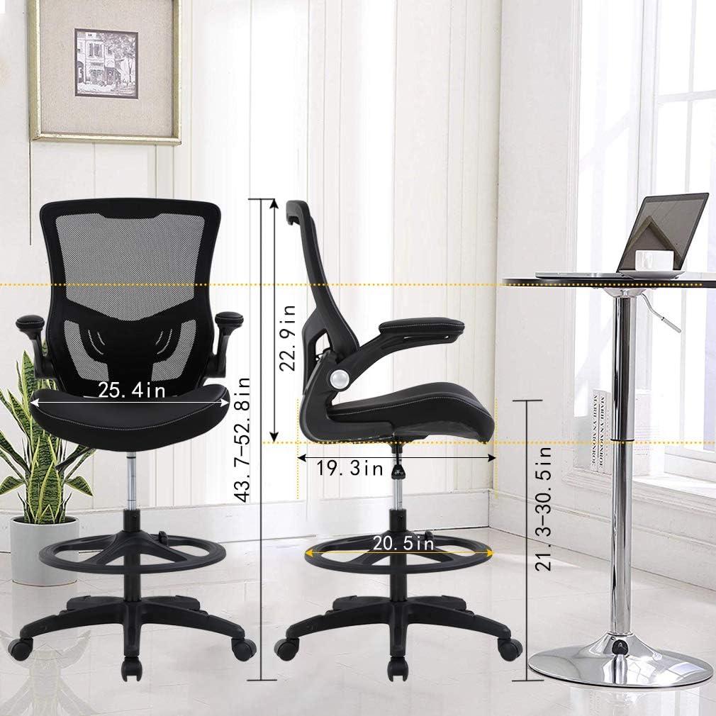 image:imageBestOffice Drafting Chair Ergonomic Tall Office Chair Standing Desk Chair with Flip Up Arms Foot Rest Back Support Adjustable Height Mesh Drafting Stool BlackBlack