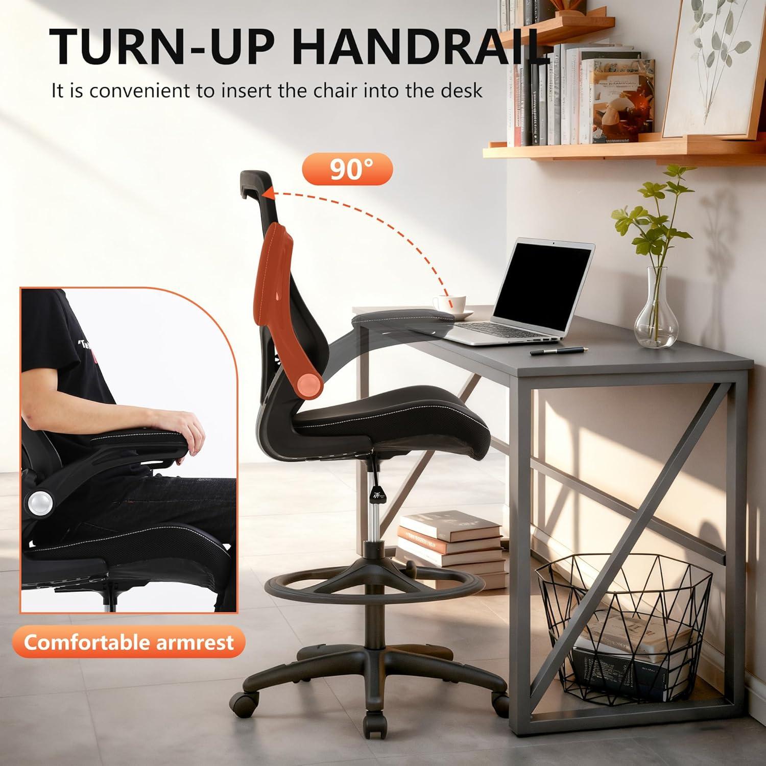 image:imageBestOffice Drafting Chair Ergonomic Tall Office Chair Standing Desk Chair with Flip Up Arms Foot Rest Back Support Adjustable Height Mesh Drafting Stool BlackDark Black