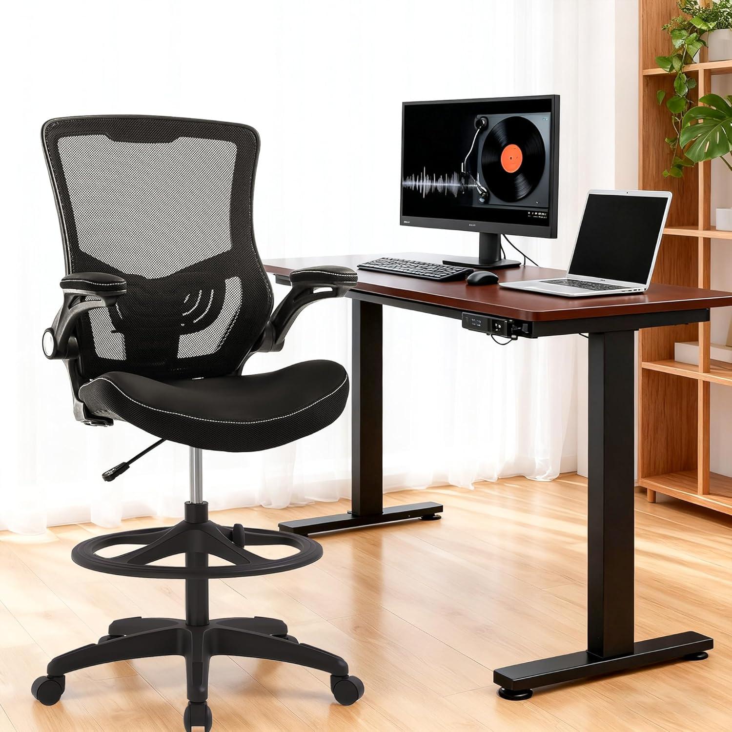 image:imageBestOffice Drafting Chair Ergonomic Tall Office Chair Standing Desk Chair with Flip Up Arms Foot Rest Back Support Adjustable Height Mesh Drafting Stool BlackDark Black
