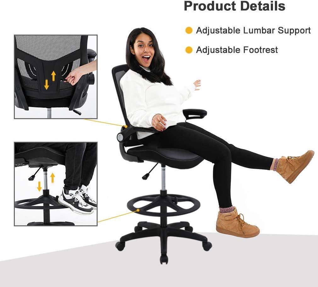image:imageBestOffice Drafting Chair Ergonomic Tall Office Chair Standing Desk Chair with Flip Up Arms Foot Rest Back Support Adjustable Height Mesh Drafting Stool BlackBlack