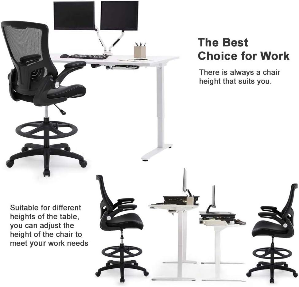 image:imageBestOffice Drafting Chair Ergonomic Tall Office Chair Standing Desk Chair with Flip Up Arms Foot Rest Back Support Adjustable Height Mesh Drafting Stool BlackBlack