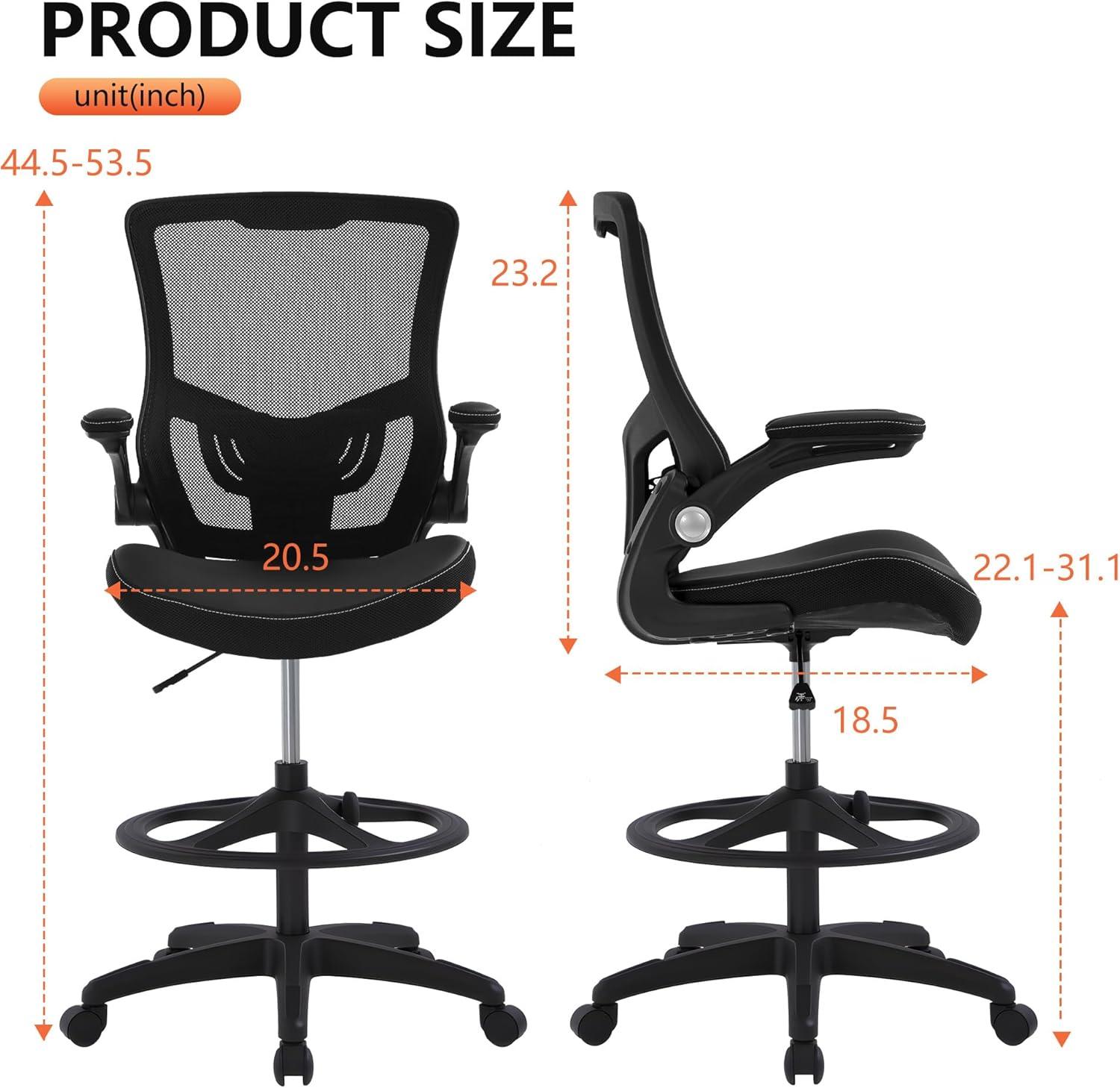 image:imageBestOffice Drafting Chair Ergonomic Tall Office Chair Standing Desk Chair with Flip Up Arms Foot Rest Back Support Adjustable Height Mesh Drafting Stool BlackDark Black