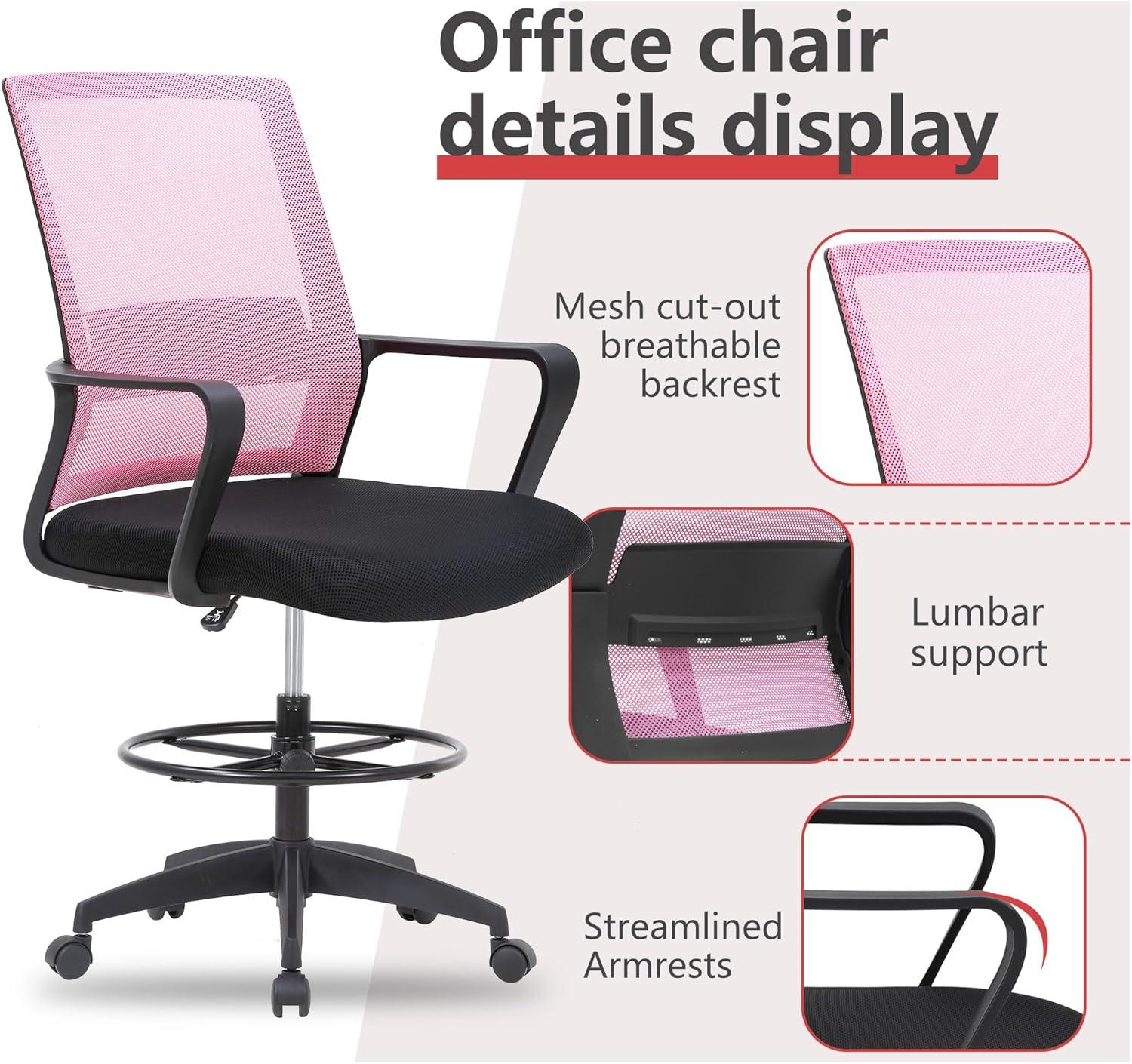 image:imageBestOffice Drafting Chair Tall Office Chair Adjustable Swivel Rolling Mesh Height with Lumbar Support Arms Footrest Mid Back for Adults Standing Desk Drafting StoolBlackLight Pink