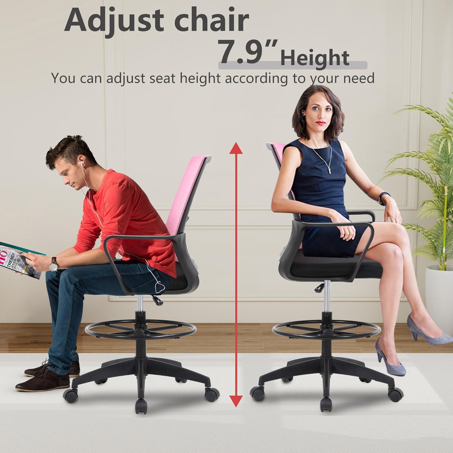 image:imageBestOffice Drafting Chair Tall Office Chair Adjustable Swivel Rolling Mesh Height with Lumbar Support Arms Footrest Mid Back for Adults Standing Desk Drafting StoolBlackLight Pink