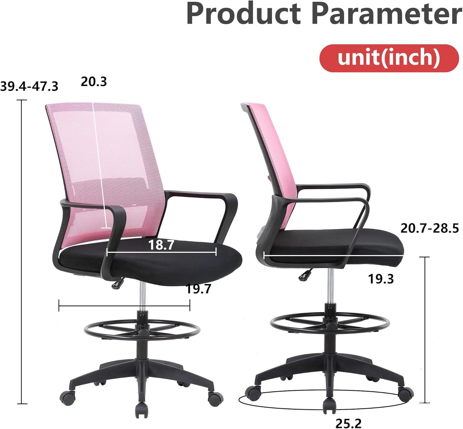image:imageBestOffice Drafting Chair Tall Office Chair Adjustable Swivel Rolling Mesh Height with Lumbar Support Arms Footrest Mid Back for Adults Standing Desk Drafting StoolBlackLight Pink