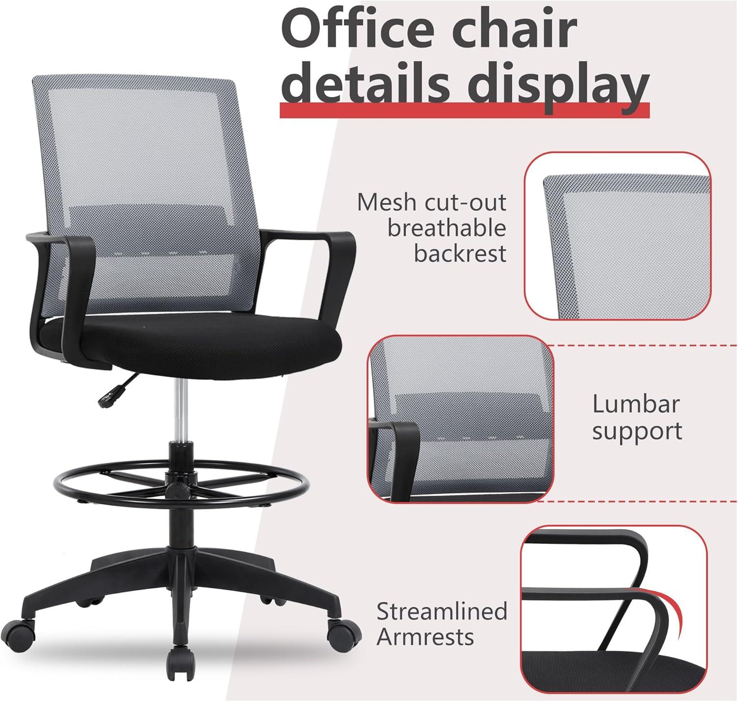 image:imageBestOffice Drafting Chair Tall Office Chair Adjustable Swivel Rolling Mesh Height with Lumbar Support Arms Footrest Mid Back for Adults Standing Desk Drafting StoolBlackAshy