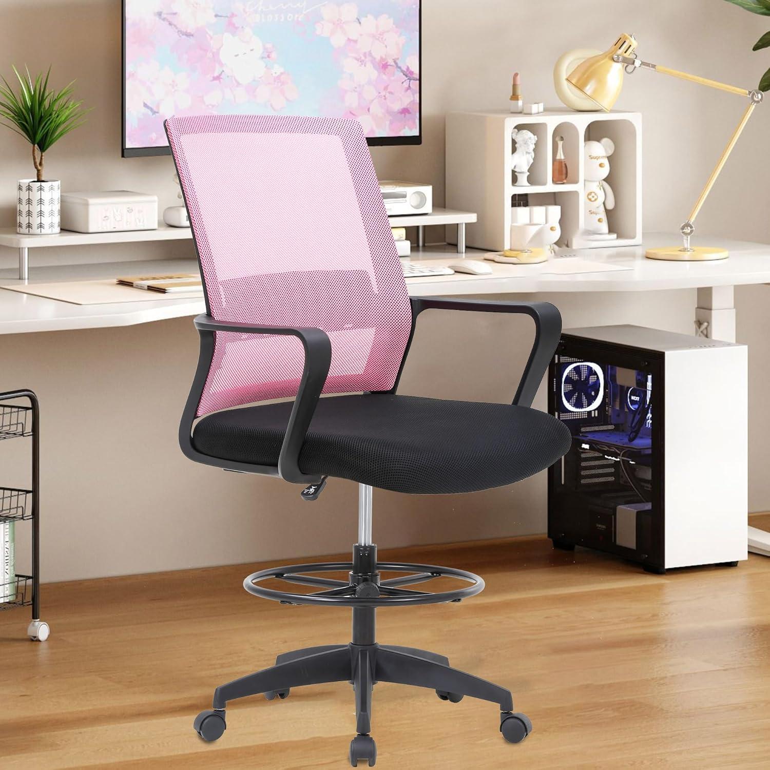 image:imageBestOffice Drafting Chair Tall Office Chair Adjustable Swivel Rolling Mesh Height with Lumbar Support Arms Footrest Mid Back for Adults Standing Desk Drafting StoolBlackLight Pink