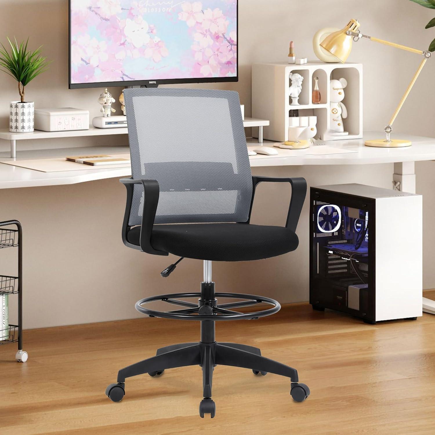 image:imageBestOffice Drafting Chair Tall Office Chair Adjustable Swivel Rolling Mesh Height with Lumbar Support Arms Footrest Mid Back for Adults Standing Desk Drafting StoolBlackAshy