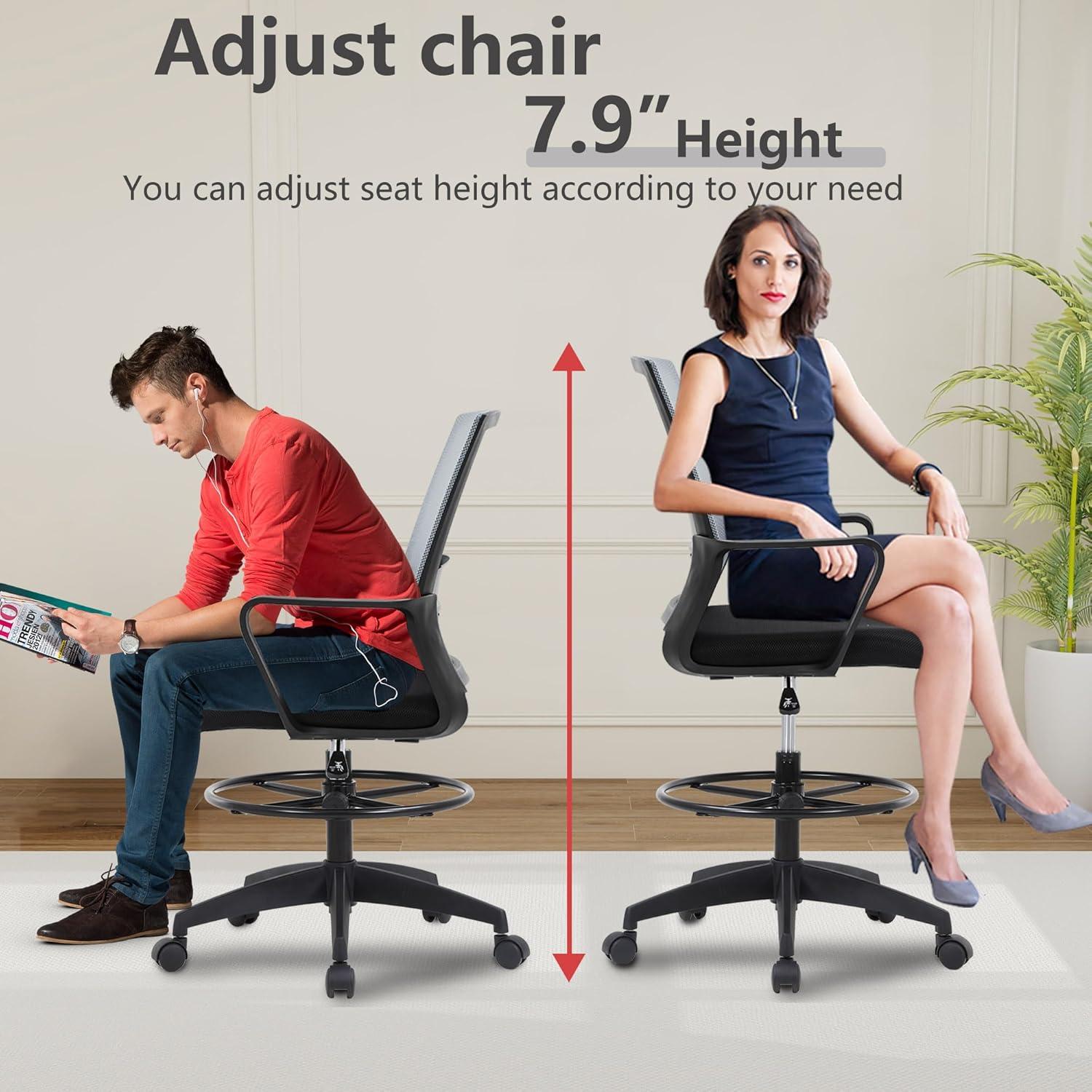 image:imageBestOffice Drafting Chair Tall Office Chair Adjustable Swivel Rolling Mesh Height with Lumbar Support Arms Footrest Mid Back for Adults Standing Desk Drafting StoolBlackAshy