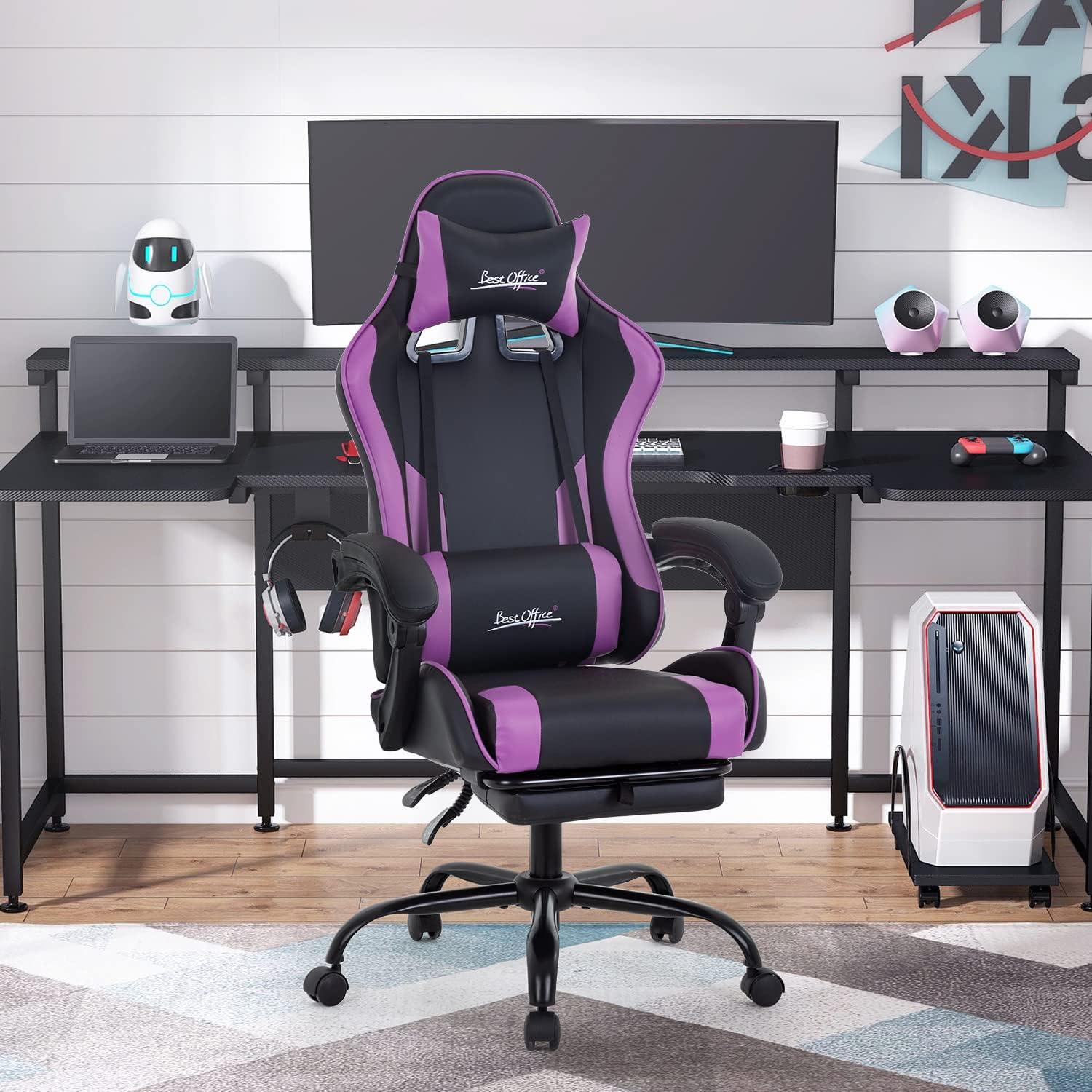 image:imageGaming Chair Office Chair Desk Chair with Footrest Lumbar Support Headrest Armrest Task Rolling Swivel Ergonomic ESports Adjustable PC Gamer Chair WhitePurple