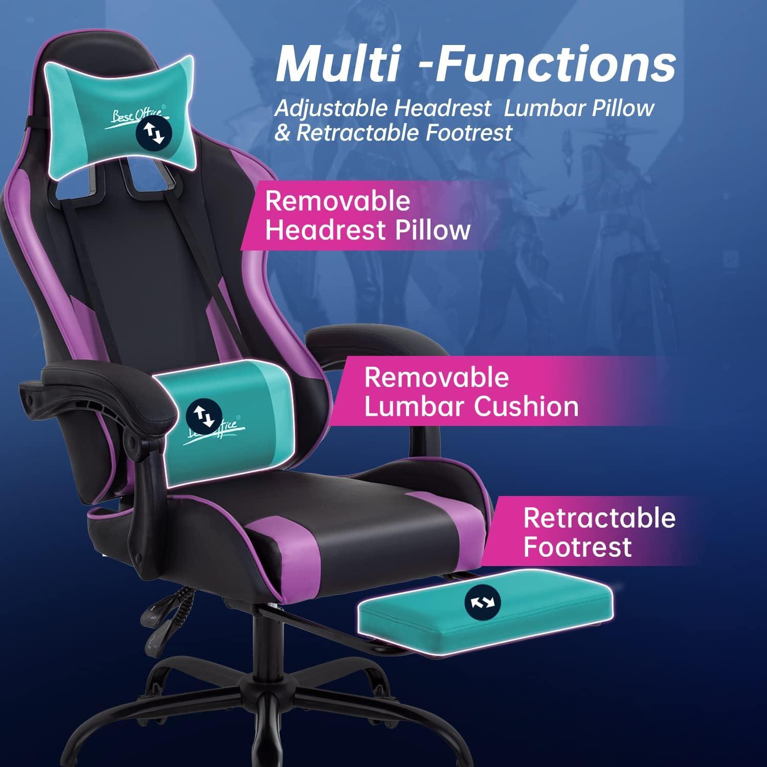 image:imageGaming Chair Office Chair Desk Chair with Footrest Lumbar Support Headrest Armrest Task Rolling Swivel Ergonomic ESports Adjustable PC Gamer Chair WhitePurple
