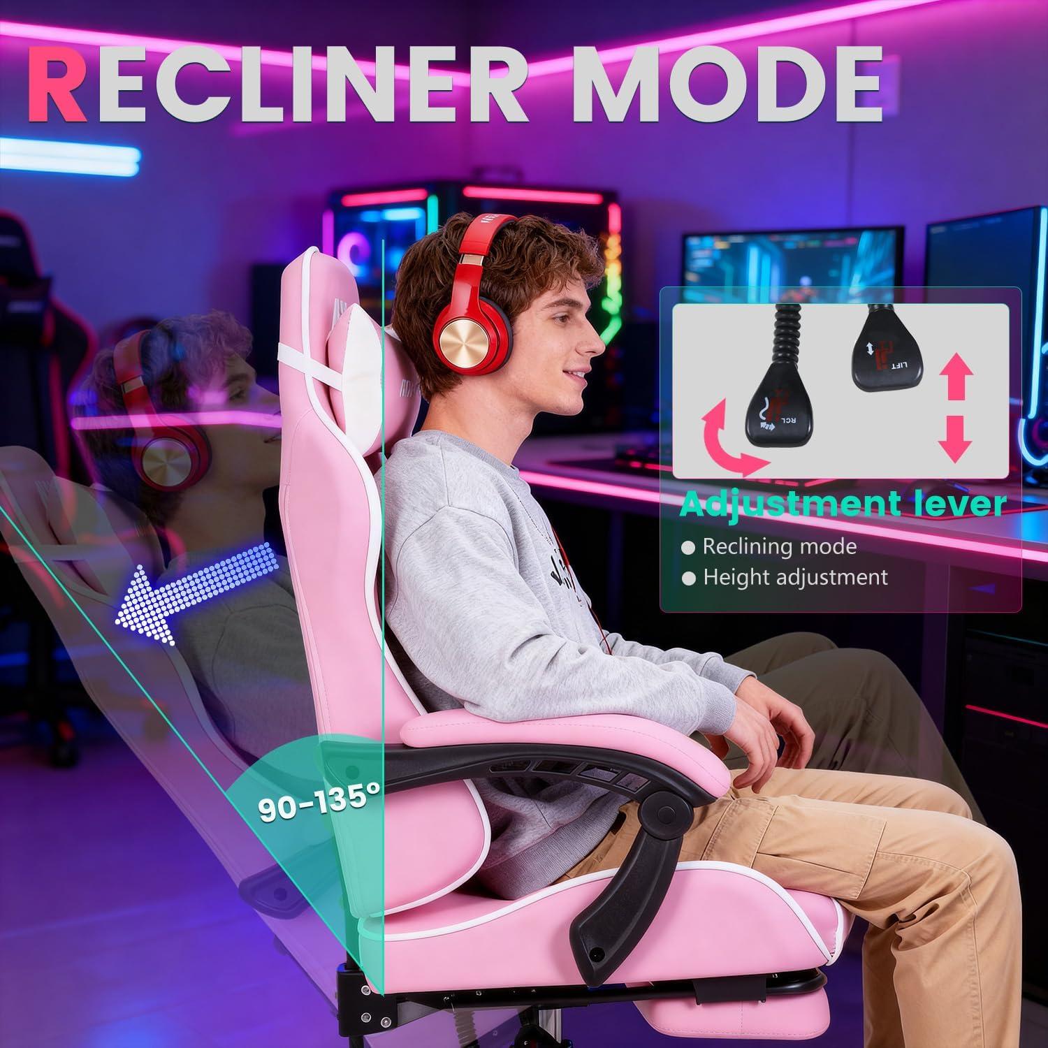 image:imageGaming Chair Office Chair Desk Chair with Footrest Lumbar Support Headrest Armrest Task Rolling Swivel Ergonomic ESports Adjustable PC Gamer Chair WhitePink