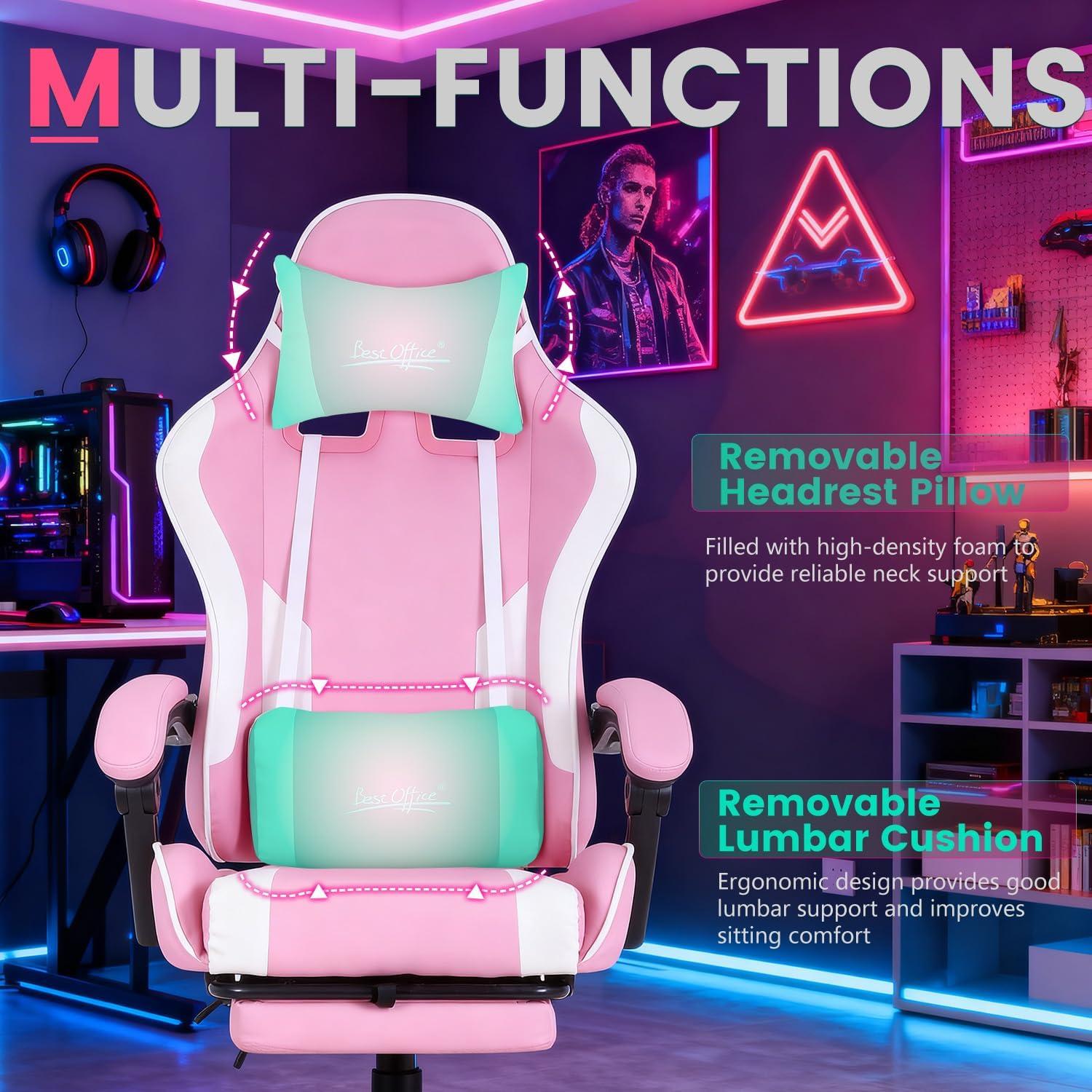 image:imageGaming Chair Office Chair Desk Chair with Footrest Lumbar Support Headrest Armrest Task Rolling Swivel Ergonomic ESports Adjustable PC Gamer Chair WhitePink