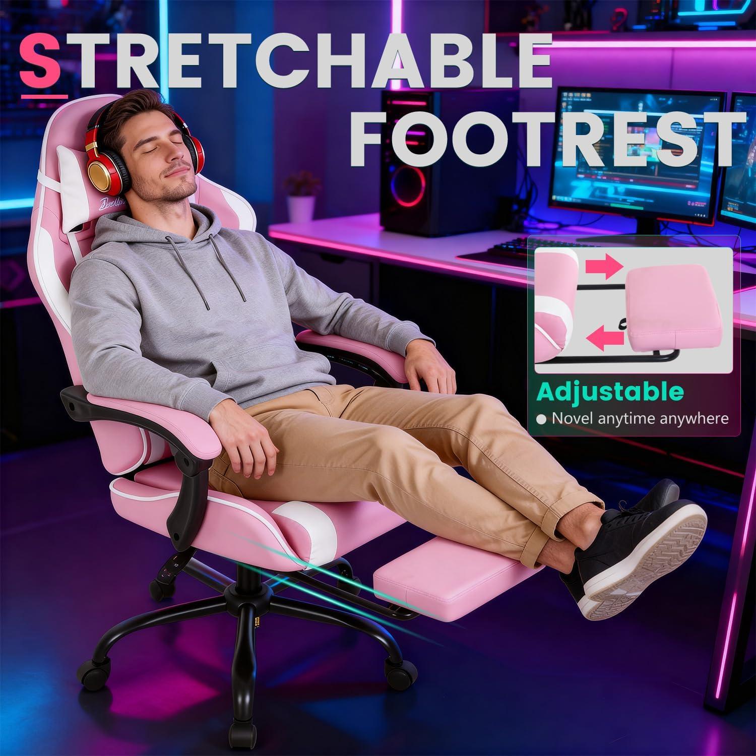 image:imageGaming Chair Office Chair Desk Chair with Footrest Lumbar Support Headrest Armrest Task Rolling Swivel Ergonomic ESports Adjustable PC Gamer Chair WhitePink