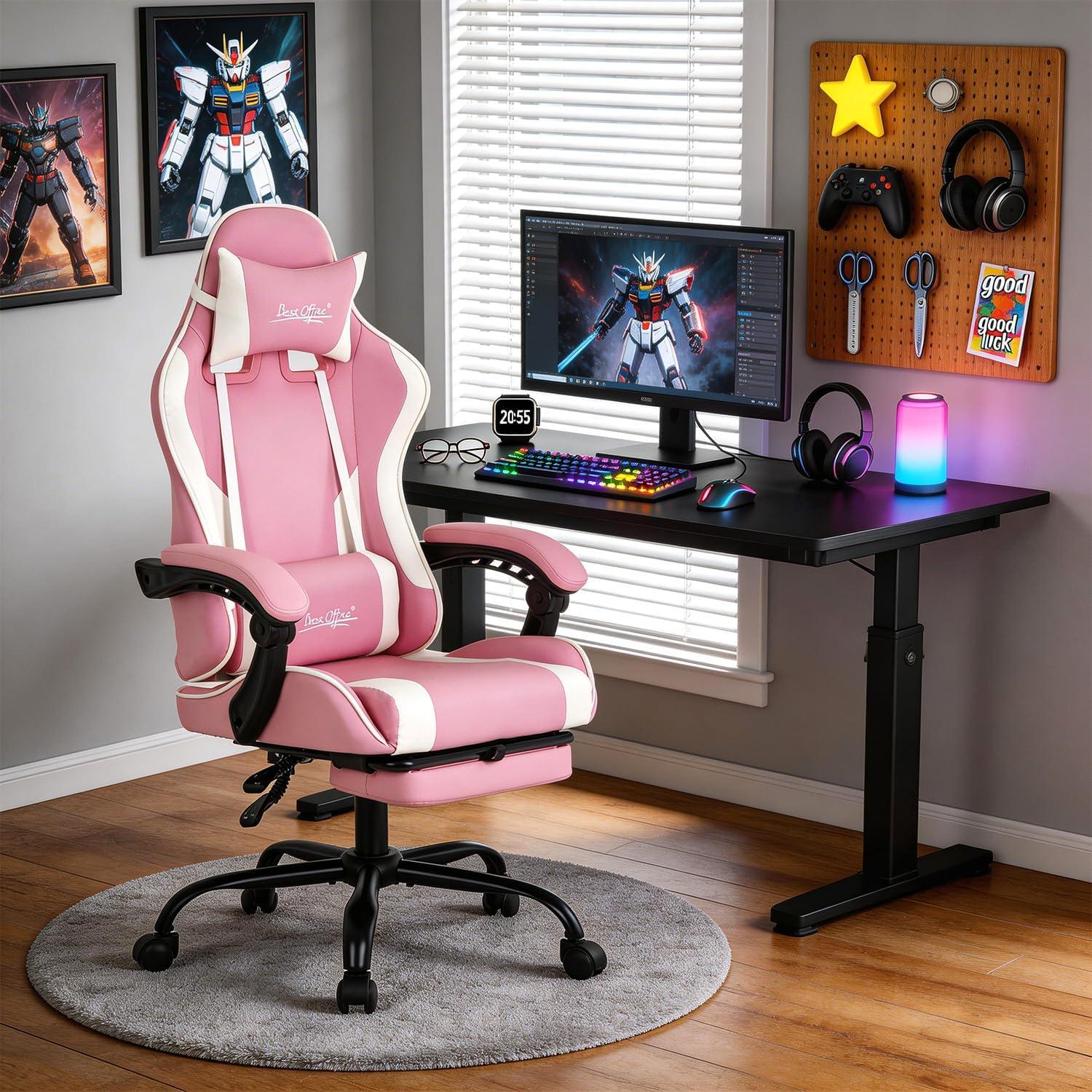 image:imageGaming Chair Office Chair Desk Chair with Footrest Lumbar Support Headrest Armrest Task Rolling Swivel Ergonomic ESports Adjustable PC Gamer Chair WhitePink
