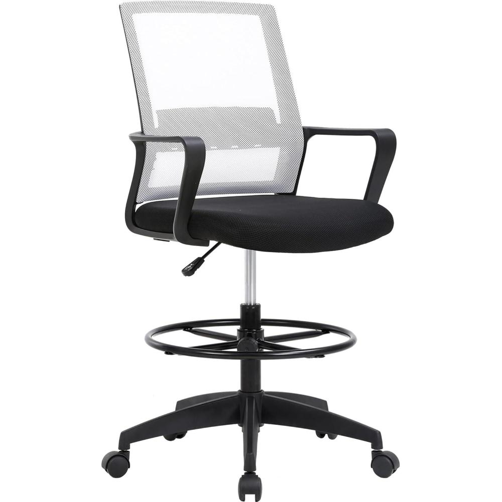 image:imageBestOffice Drafting Chair Tall Office Chair Adjustable Swivel Rolling Mesh Height with Lumbar Support Arms Footrest Mid Back for Adults Standing Desk Drafting StoolBlackBeige