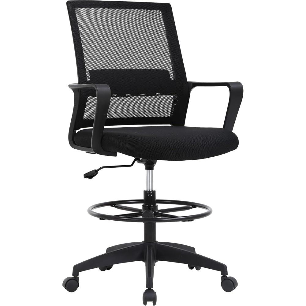 image:imageBestOffice Drafting Chair Tall Office Chair Adjustable Swivel Rolling Mesh Height with Lumbar Support Arms Footrest Mid Back for Adults Standing Desk Drafting StoolBlackBlack