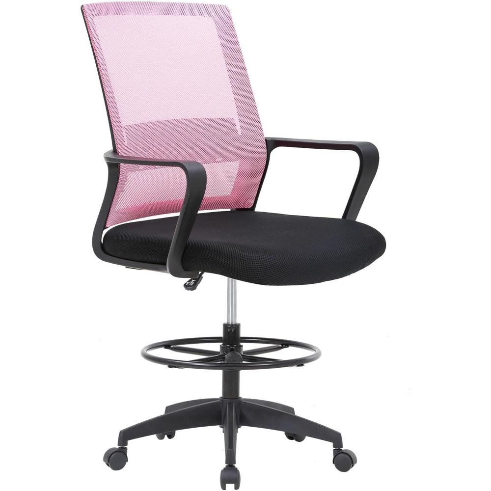 image:imageBestOffice Drafting Chair Tall Office Chair Adjustable Swivel Rolling Mesh Height with Lumbar Support Arms Footrest Mid Back for Adults Standing Desk Drafting StoolBlackLight Pink