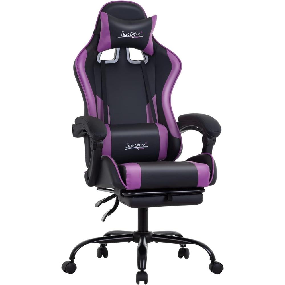 image:imageGaming Chair Office Chair Desk Chair with Footrest Lumbar Support Headrest Armrest Task Rolling Swivel Ergonomic ESports Adjustable PC Gamer Chair WhitePurple