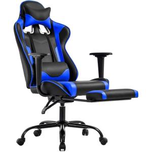 BestOffice | Ergonomic Gaming Chair | White | Reclining Computer Chair with Lumbar Support, Headrest Pillow, Adjustable Footrests | 360 Swivel with Heavy Duty Wheels | for Home & Office(Blue)