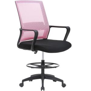 BestOffice Drafting Chair Tall Office Chair Adjustable Swivel Rolling Mesh Height with Lumbar Support Arms Footrest Mid Back for Adults Standing Desk Drafting Stool(Black)(Light Pink)