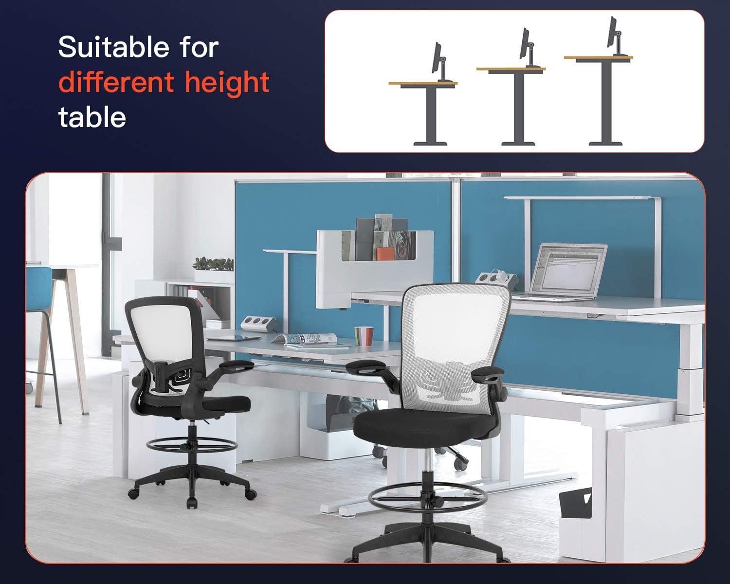 image:imageBestOffice Drafting Chair Tall Office Chair Adjustable Height with Lumbar Support Flip Up Arms Footrest Mid Back Task Mesh Desk Chair Computer Chair Drafting Stool for Standing Desk BlackWhite