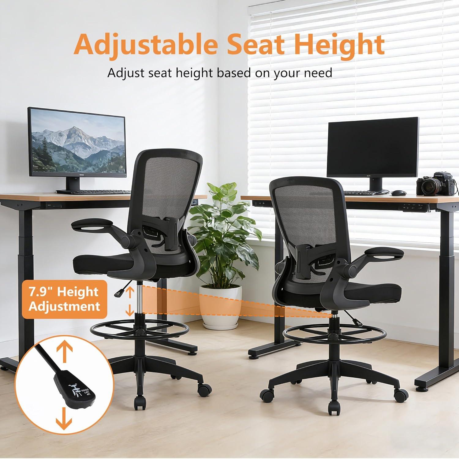 image:imageBestOffice Drafting Chair Tall Office Chair Adjustable Height with Lumbar Support Flip Up Arms Footrest Mid Back Task Mesh Desk Chair Computer Chair Drafting Stool for Standing Desk BlackCoal Black