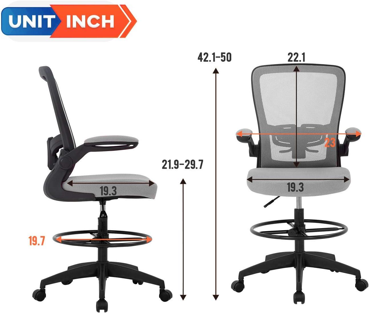 image:imageBestOffice Drafting Chair Tall Office Chair Adjustable Height with Lumbar Support Flip Up Arms Footrest Mid Back Task Mesh Desk Chair Computer Chair Drafting Stool for Standing Desk BlackGrey