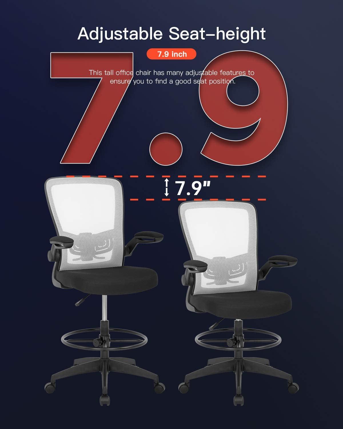 image:imageBestOffice Drafting Chair Tall Office Chair Adjustable Height with Lumbar Support Flip Up Arms Footrest Mid Back Task Mesh Desk Chair Computer Chair Drafting Stool for Standing Desk BlackWhite
