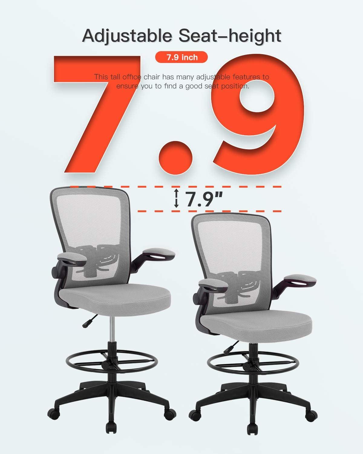 image:imageBestOffice Drafting Chair Tall Office Chair Adjustable Height with Lumbar Support Flip Up Arms Footrest Mid Back Task Mesh Desk Chair Computer Chair Drafting Stool for Standing Desk BlackGrey