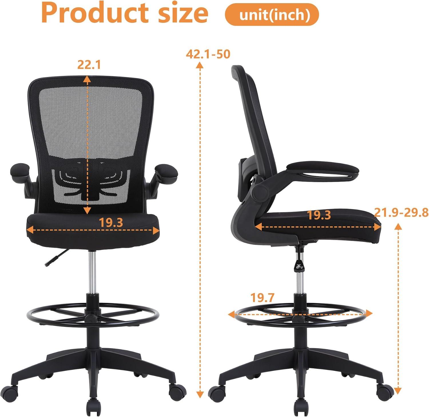 image:imageBestOffice Drafting Chair Tall Office Chair Adjustable Height with Lumbar Support Flip Up Arms Footrest Mid Back Task Mesh Desk Chair Computer Chair Drafting Stool for Standing Desk BlackCoal Black