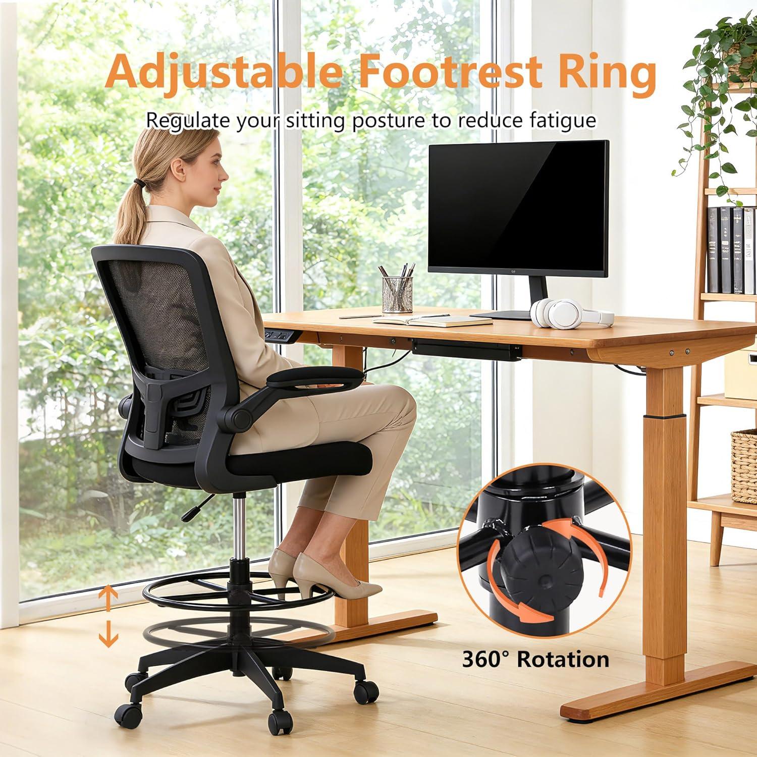 image:imageBestOffice Drafting Chair Tall Office Chair Adjustable Height with Lumbar Support Flip Up Arms Footrest Mid Back Task Mesh Desk Chair Computer Chair Drafting Stool for Standing Desk BlackCoal Black