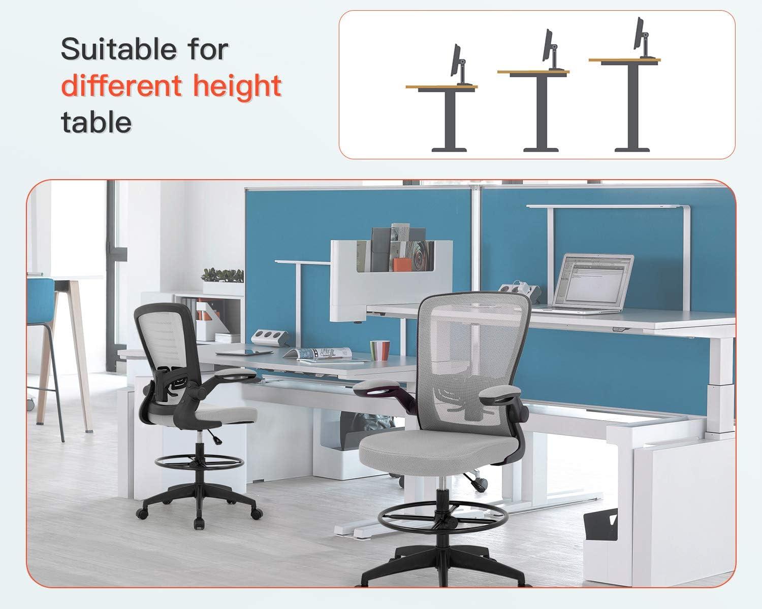 image:imageBestOffice Drafting Chair Tall Office Chair Adjustable Height with Lumbar Support Flip Up Arms Footrest Mid Back Task Mesh Desk Chair Computer Chair Drafting Stool for Standing Desk BlackGrey