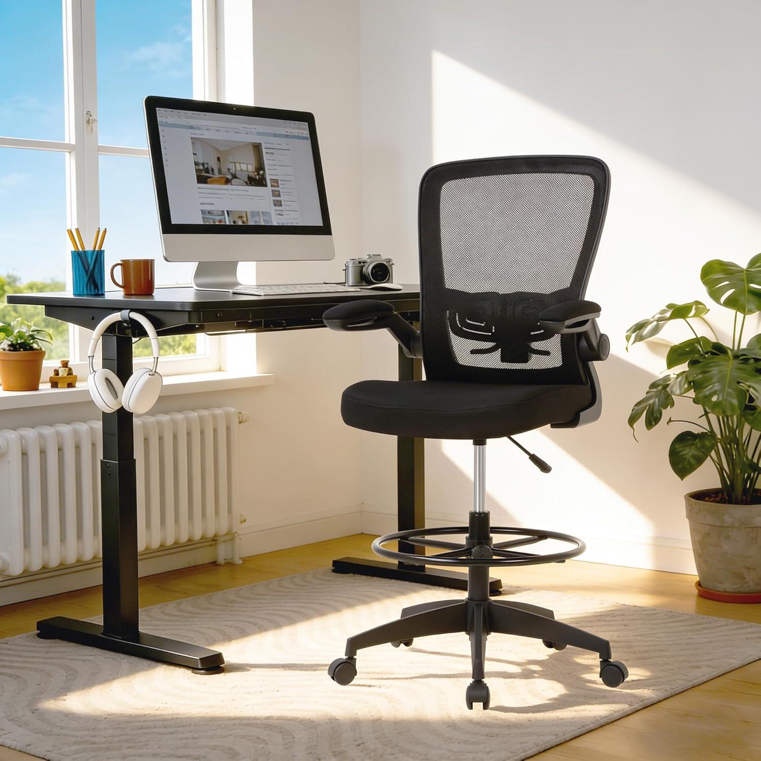 image:imageBestOffice Drafting Chair Tall Office Chair Adjustable Height with Lumbar Support Flip Up Arms Footrest Mid Back Task Mesh Desk Chair Computer Chair Drafting Stool for Standing Desk BlackCoal Black