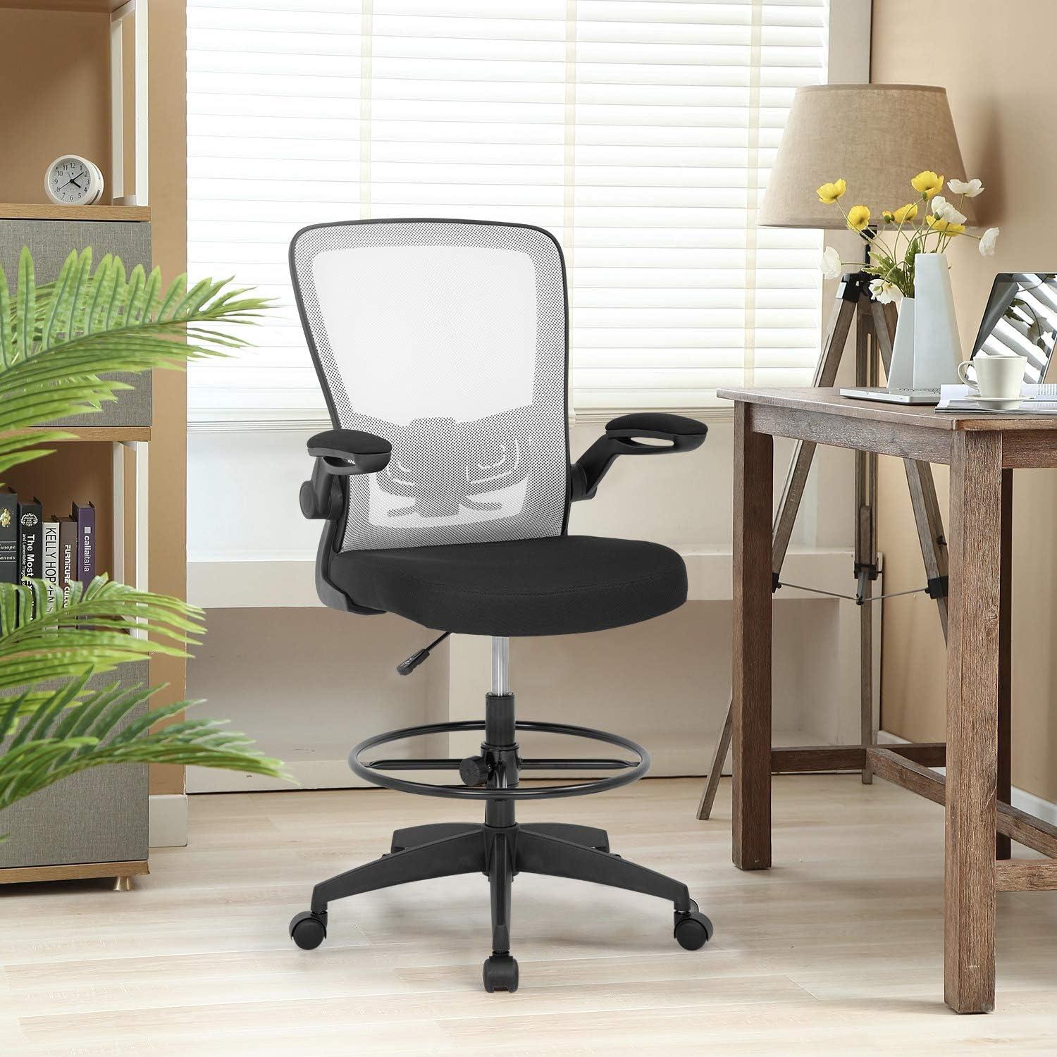 image:imageBestOffice Drafting Chair Tall Office Chair Adjustable Height with Lumbar Support Flip Up Arms Footrest Mid Back Task Mesh Desk Chair Computer Chair Drafting Stool for Standing Desk BlackWhite