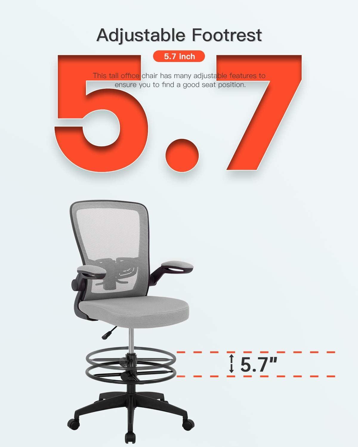 image:imageBestOffice Drafting Chair Tall Office Chair Adjustable Height with Lumbar Support Flip Up Arms Footrest Mid Back Task Mesh Desk Chair Computer Chair Drafting Stool for Standing Desk BlackGrey