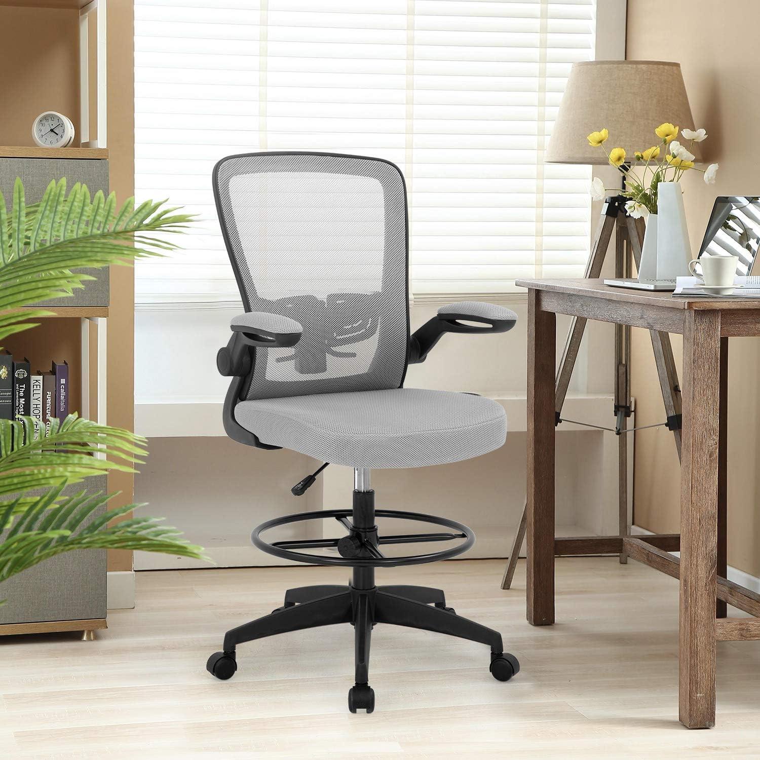 image:imageBestOffice Drafting Chair Tall Office Chair Adjustable Height with Lumbar Support Flip Up Arms Footrest Mid Back Task Mesh Desk Chair Computer Chair Drafting Stool for Standing Desk BlackGrey