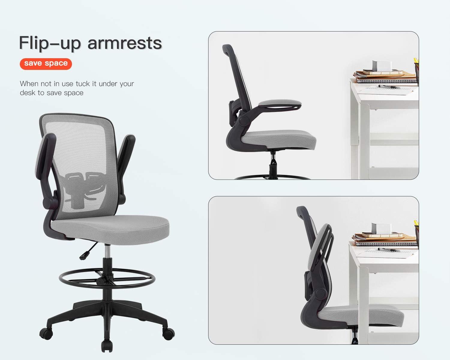 image:imageBestOffice Drafting Chair Tall Office Chair Adjustable Height with Lumbar Support Flip Up Arms Footrest Mid Back Task Mesh Desk Chair Computer Chair Drafting Stool for Standing Desk BlackGrey