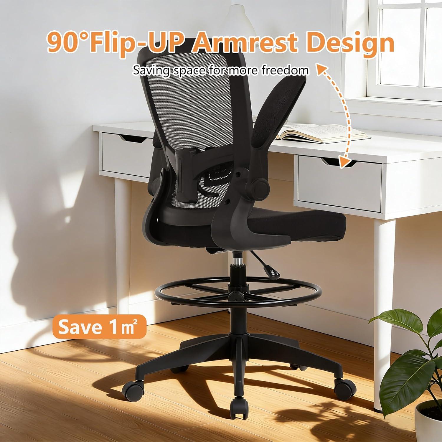 image:imageBestOffice Drafting Chair Tall Office Chair Adjustable Height with Lumbar Support Flip Up Arms Footrest Mid Back Task Mesh Desk Chair Computer Chair Drafting Stool for Standing Desk BlackCoal Black
