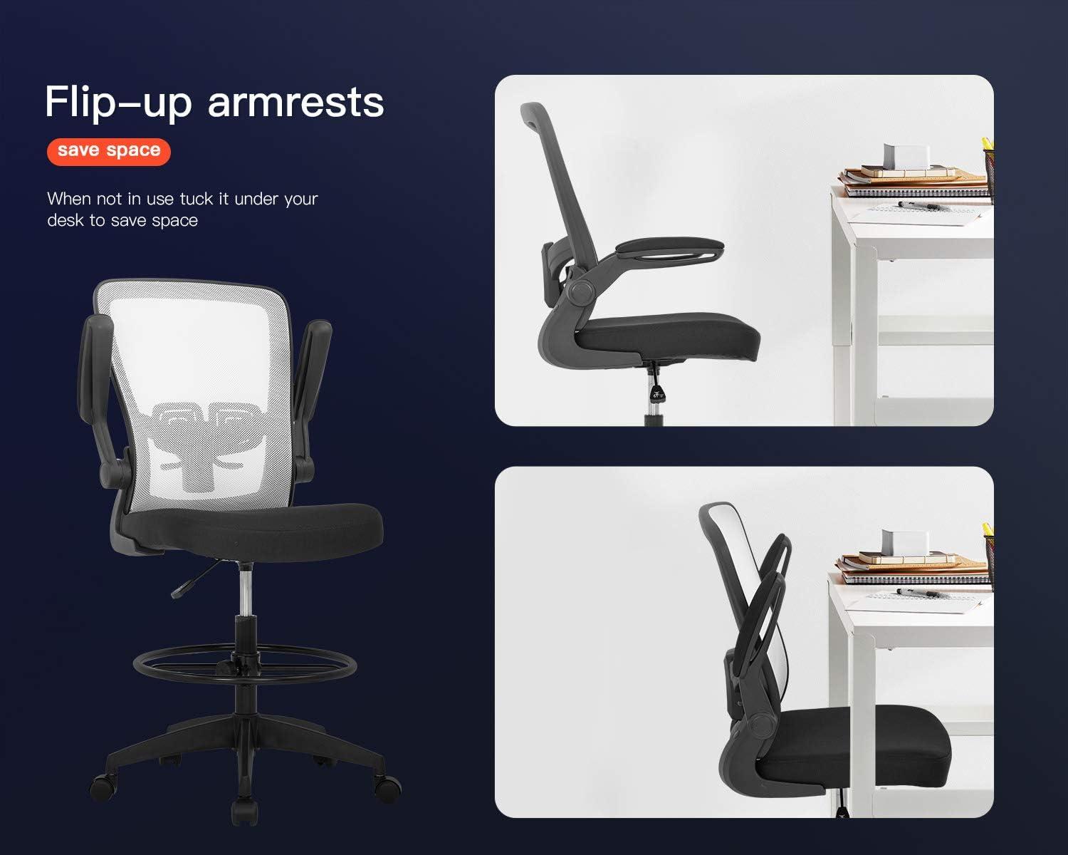 image:imageBestOffice Drafting Chair Tall Office Chair Adjustable Height with Lumbar Support Flip Up Arms Footrest Mid Back Task Mesh Desk Chair Computer Chair Drafting Stool for Standing Desk BlackWhite
