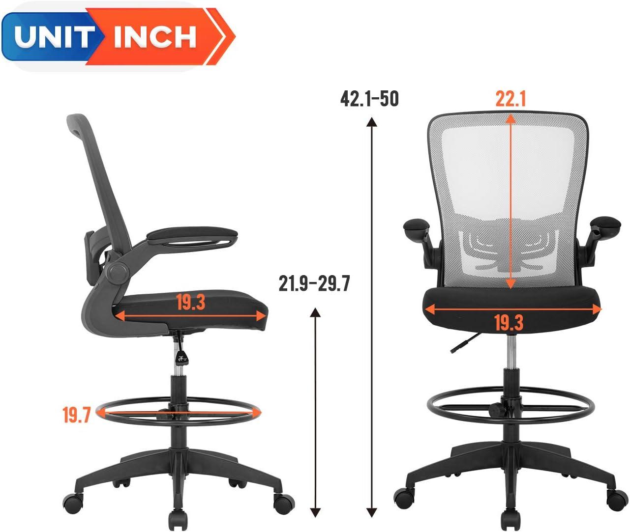image:imageBestOffice Drafting Chair Tall Office Chair Adjustable Height with Lumbar Support Flip Up Arms Footrest Mid Back Task Mesh Desk Chair Computer Chair Drafting Stool for Standing Desk BlackWhite