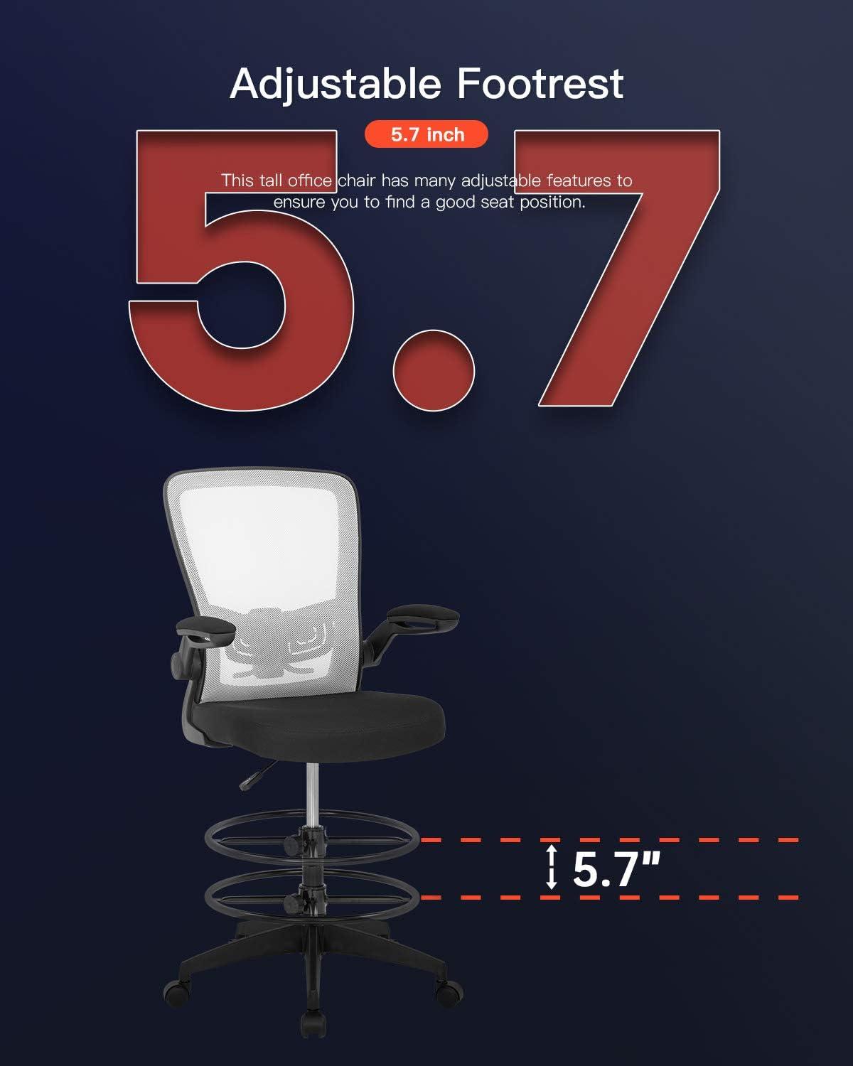 image:imageBestOffice Drafting Chair Tall Office Chair Adjustable Height with Lumbar Support Flip Up Arms Footrest Mid Back Task Mesh Desk Chair Computer Chair Drafting Stool for Standing Desk BlackWhite